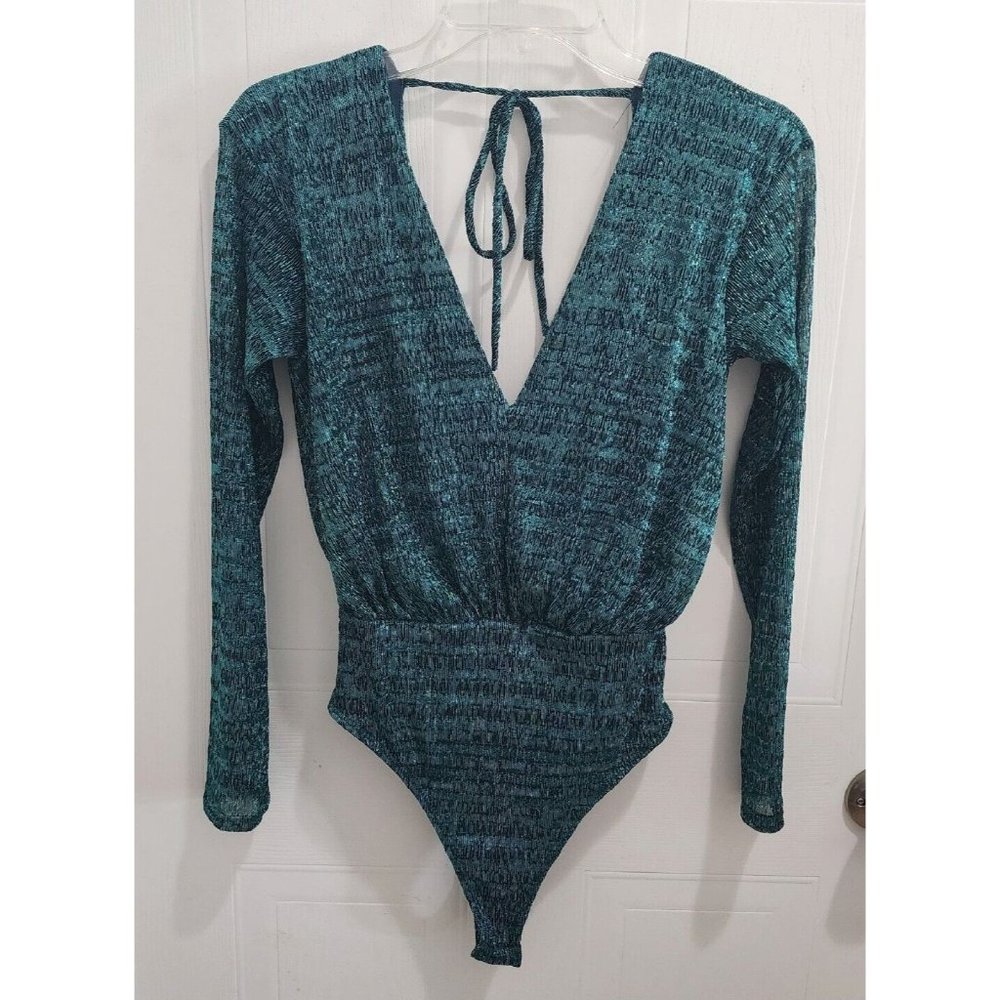 NWT‎ Buckle Wanderlux Women's Metallic Teal Green Long Sleeve Bodysuit Size XS